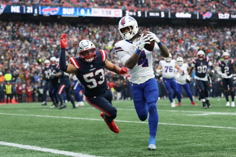 The cover for this NFL odds week 16 article shows James Cook III #4 of the Buffalo Bills running for a touchdown during the second quarter against the New England Patriots.