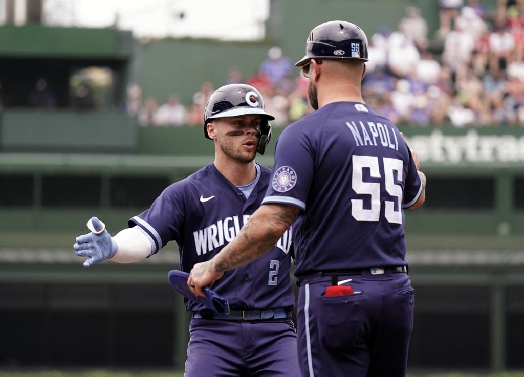Nico Hoerner Chicago Cubs Mike Napoli Cleveland Guardians