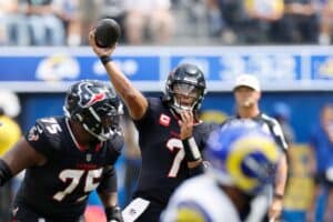 C.J. Stroud #7 of the Houston Texans looks to pass against the Los Angeles Rams
