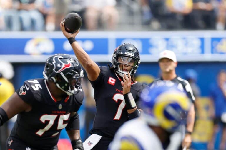 C.J. Stroud #7 of the Houston Texans looks to pass against the Los Angeles Rams
