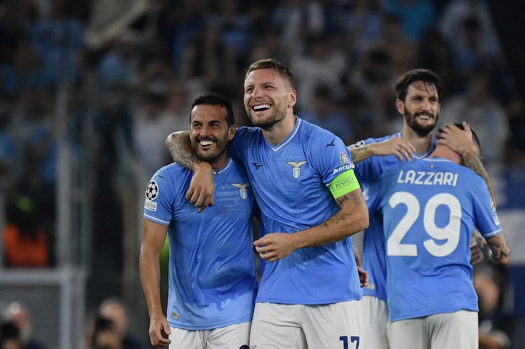Lazio Roma Players Celebrate vs Atletico Madrid