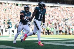 A.J. Brown #11 of the Philadelphia Eagles celebrates his touchdown against the Washington Commanders