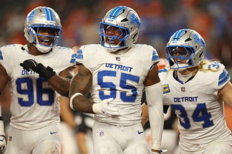 Derrick Barnes #55 of the Detroit Lions celebrates after getting a sack for a safety against the Cincinnati Bengals