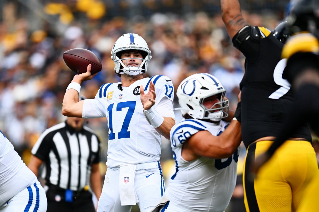 The cover for this NFL odds week 12 article shows Daniel Jones #17 of the Indianapolis Colts passes against the Pittsburgh Steelers.