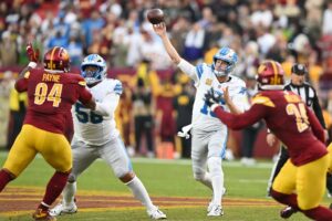 Detroit Lions v Washington Commanders - Oddstrader The cover for this NFL odds Week 11 article shows Jared Goff #16 of the Detroit Lions looks to pass against the Washington Commanders