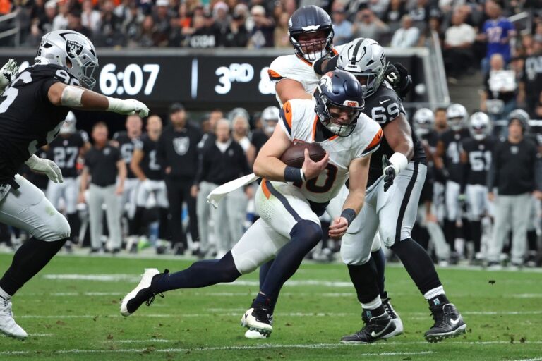 The cover for this NFL player props week 15 article shows Bo Nix #10 of the Denver Broncos rushing for a touchdown against the Las Vegas Raiders.