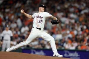 Hunter Brown #58 of the Houston Astros pitches against the New York Yankees.