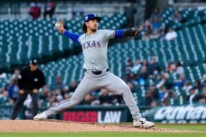 Michael Lorenzen #23 of the Texas Rangers throws a pitch in the third inning of a game against the Detroit Tigers.