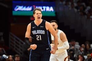 Moritz Wagner of the Orlando Magic reacts during a game against the Cleveland Cavaliers.