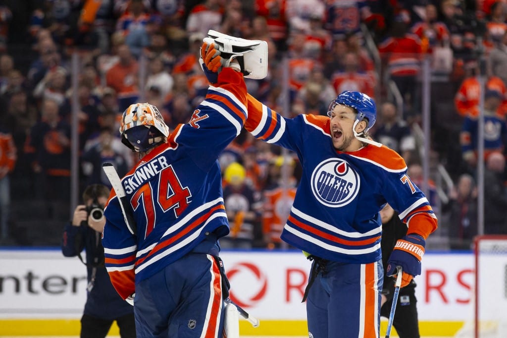 Goaltender Stuart Skinner Vincent Desharnais Edmonton Oilers Game Five of the First Round of the 2024 Stanley Cup Playoffs Canada
