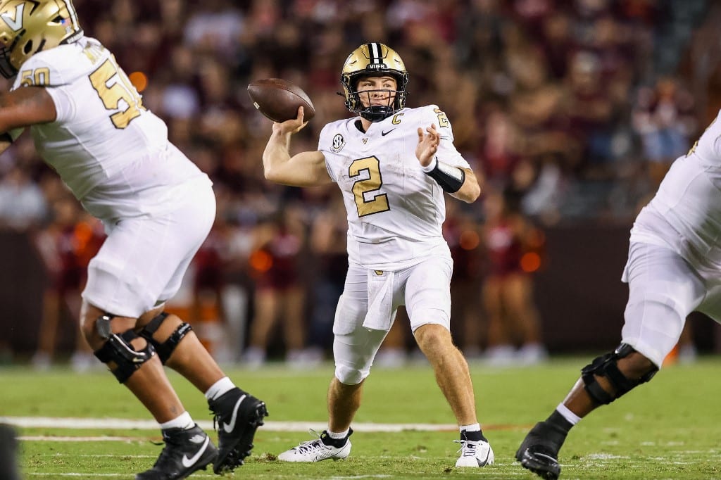 Diego Pavia #2 of the Vanderbilt Commodores throws a pass in the first half during a game against the Virginia Tech Hokies