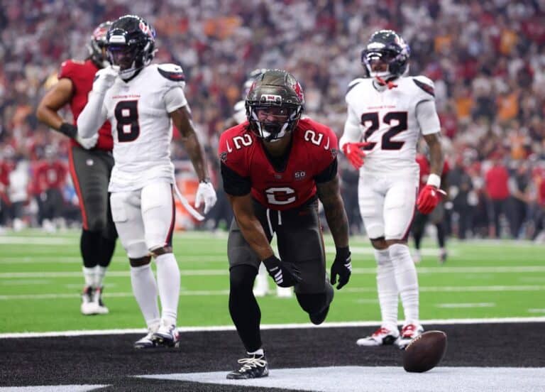 Emeka Egbuka #2 of the Tampa Bay Buccaneers celebrates after scoring a 15 yard touchdown against the Houston Texans