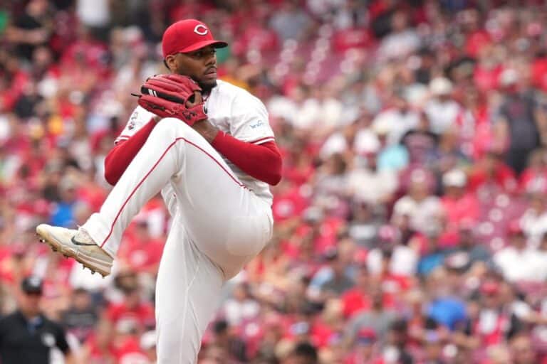 Hunter Greene #21 of the Cincinnati Reds pitches against the Pittsburgh Pirates.