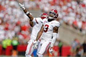 Keon Sabb #3 of the Alabama Crimson Tide celebrates during a game against the Wisconsin Badgers.