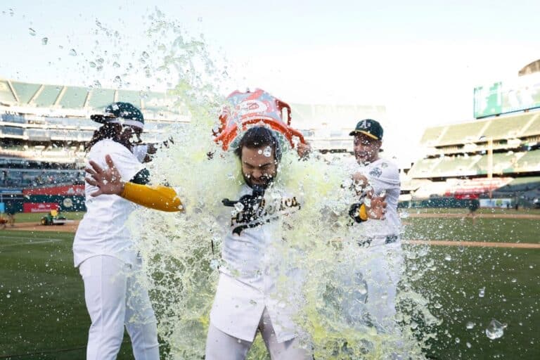 Shea Langeliers Oakland Athletics Celebrates vs Seattle Mariners