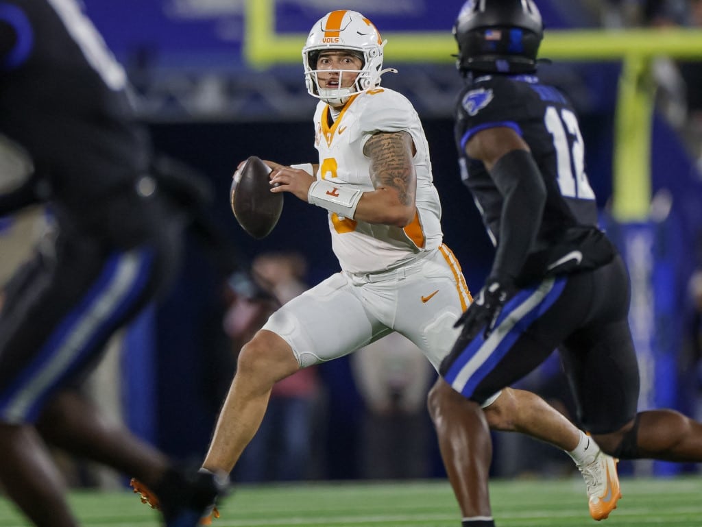 Joey Aguilar #6 of the Tennessee Volunteers looks to throw the ball during the first half of the NCAA football game Kentucky Wildcats vs Tennessee Volunteers