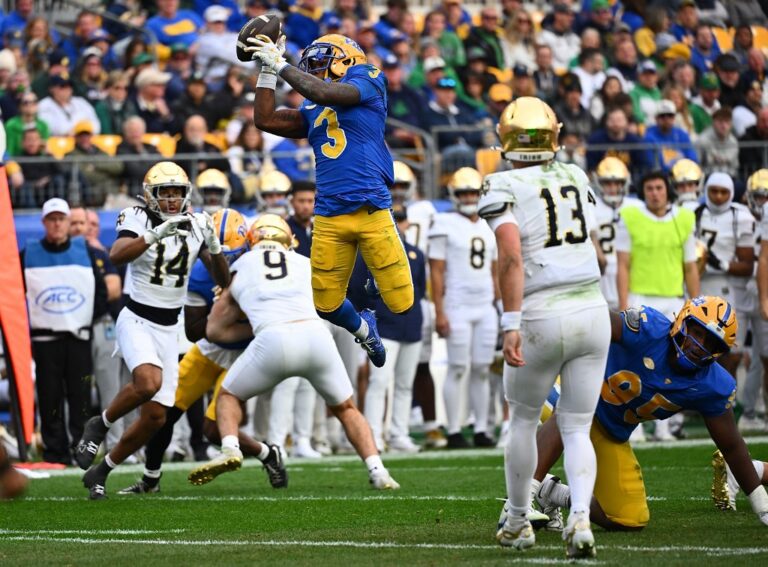 Notre Dame v Pittsburgh - Oddstrader - Oddstrader The cover for this College football picks week 13 article shows Rasheem Biles #3 of the Pittsburgh Panthers intercepting a pass against the Notre Dame Fighting Irish.