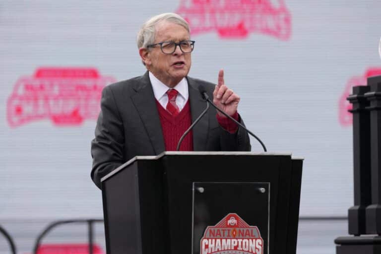 Ohio Governor Mike DeWine delivers remarks during the NCAA Football Championship celebration at Ohio Stadium.