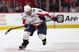 Washington Capitals' Alex Ovechkin, featured in today's NHL anytime goal scorer props, skates during the game against the Carolina Hurricanes.