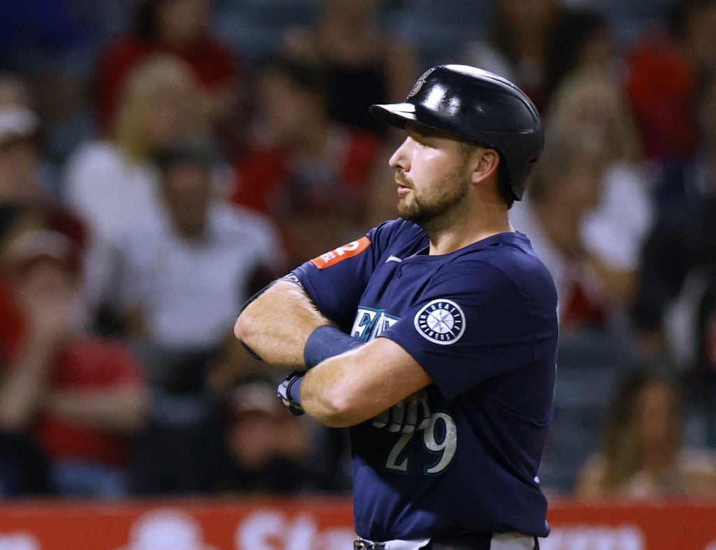 Cal Raleigh #29 of the Seattle Mariners reacts to his solo home run against the Los Angeles Angels.