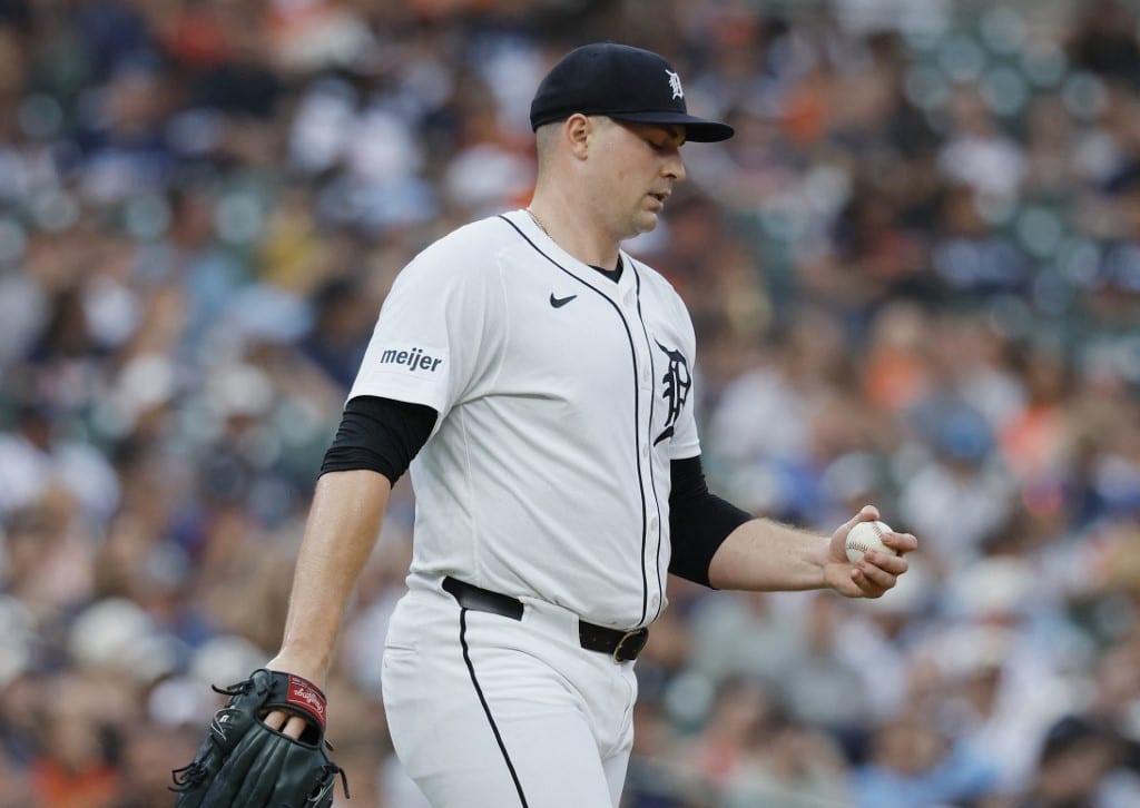 Tarik Skubal #29 of the Detroit Tigers walks back to the mound after giving up a two-run home run to Brent Rooker of the Athletics.