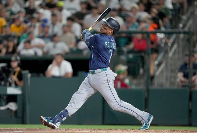Jorge Polanco #7 of the Seattle Mariners hits a two-run home run against the Athletics
