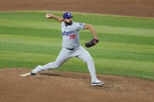 Nabil Crismatt #70 of the Los Angeles Dodgers pitches against the Arizona Diamondbacks
