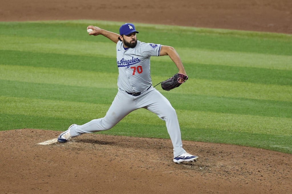 Nabil Crismatt #70 of the Los Angeles Dodgers pitches against the Arizona Diamondbacks