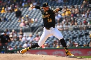 Paul Skenes #30 of the Pittsburgh Pirates pitches in the first inning during the game against the Colorado Rockies