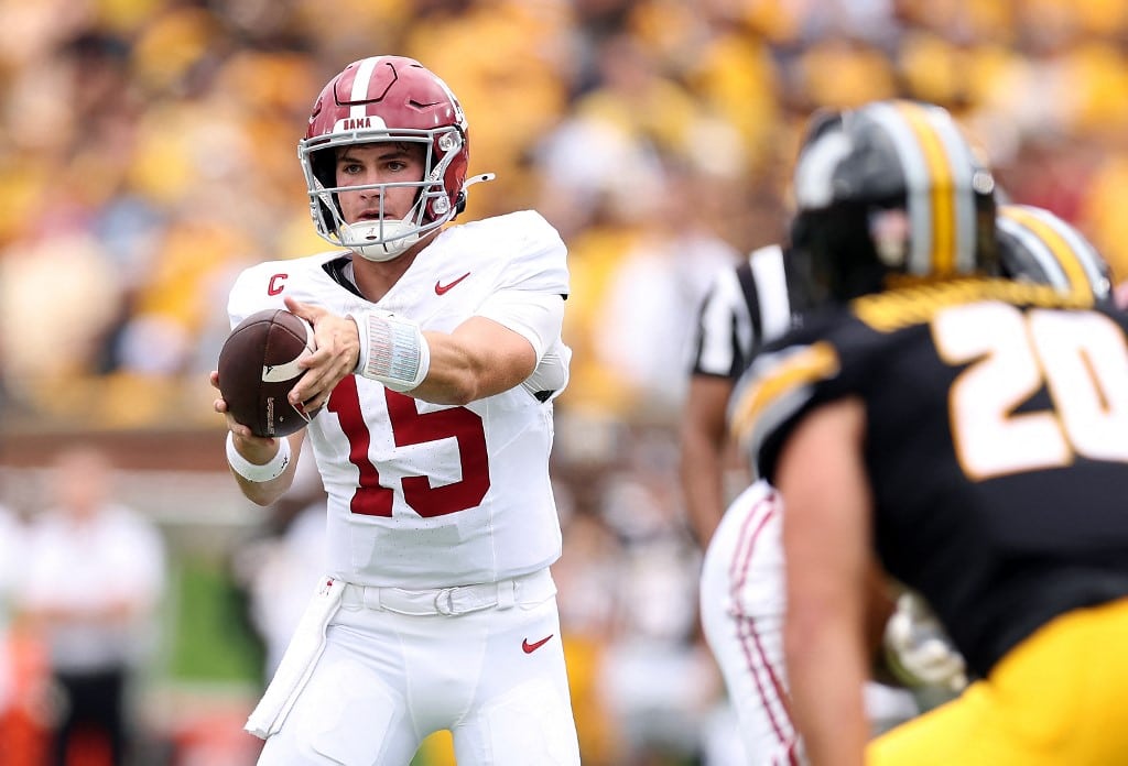 Quarterback Ty Simpson #15 of the Alabama Crimson Tide in action during the game against the Missouri Tigers