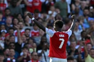 Arsenal's English midfielder #07 Bukayo Saka celebrates scoring the team's second goal during the pre-season friendly football match between Arsenal and Athletic Bilbao.