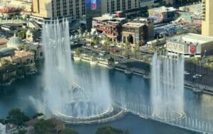 Cars cruise down the Strip as the Bellagio fountains erupt in Las Vegas, Nevada.