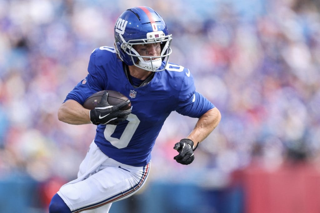 Gunner Olszewski #0 of the New York Giants runs the ball during the third quarter of the NFL Preseason 2025 game between New York Giants and Buffalo Bills.