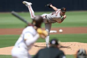 Justin Verlander #35 of the San Francisco Giants pitches against the San Diego Padres.