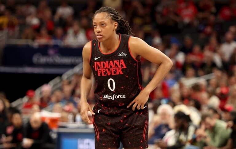 Kelsey Mitchell #0 of the Indiana Fever against the Las Vegas Aces.