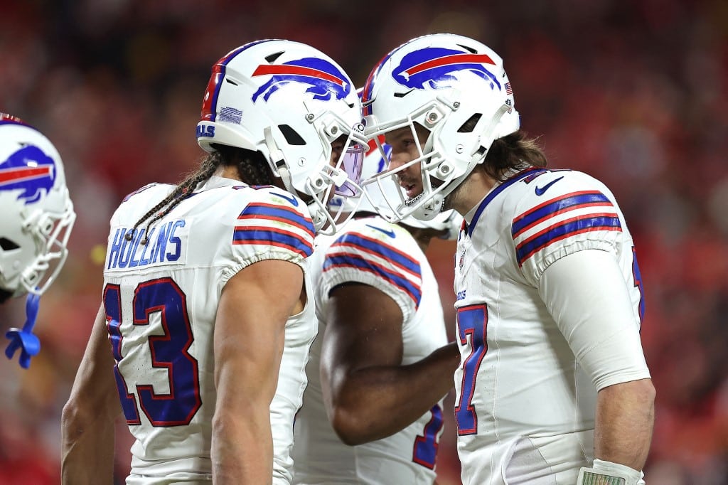 Mack Hollins #13 of the Buffalo Bills celebrates his touchdown catch with Josh Allen #17 during the second quarter against the Kansas City Chiefs.