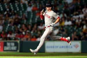 Roman Anthony #19 of the Boston Red Sox runs to second base during the first inning against the Houston Astros.