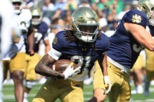 Scrap Richardson #81 of the Notre Dame Fighting Irish scores a touchdown during the 94th Annual Notre Dame Blue-Gold Spring Game.