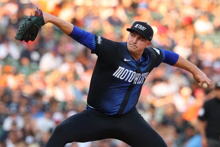 Tarik Skubal #29 of the Detroit Tigers pitches in the second inning against the Los Angeles Angels.