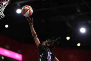 Tiffany Hayes #15 of the Golden State Valkyries attacks the basket against the Atlanta Dream.