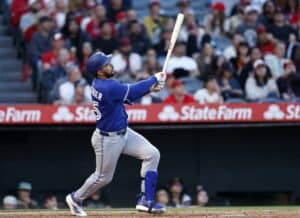 Anthony Santander #25 of the Toronto Blue Jays on a fly out against the Los Angeles Angels
