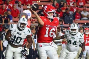 Athan Kaliakmanis #16 of the Rutgers Scarlet Knights throws a pass against the Ohio Bobcats