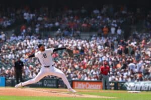 Casey Mize #12 of the Detroit Tigers throws a second inning pitch while playing the Los Angeles Angels