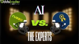 Graphic with two helmets going head-to-head with labels for OddsTrader Turbo and NFL experts.