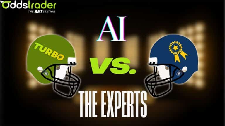 Graphic with two helmets going head-to-head with labels for OddsTrader Turbo and NFL experts.