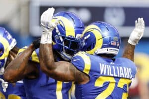 Davante Adams #17 and Kyren Williams #23 of the Los Angeles Rams celebrate after a touchdown against the Indianapolis Colts