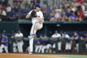 Jacob deGrom #48 of the Texas Rangers throws a pitch during the first inning against the Los Angeles Angels