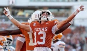 SEPTEMBER 13: Parker Livingstone #13 of the Texas Longhorns celebrates against the UTEP Miners