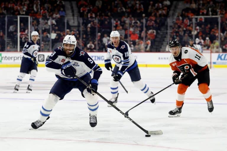 Alex Iafallo #9 of the Winnipeg Jets controls the puck during the third period against the Philadelphia Flyers