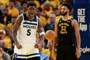 Anthony Edwards #5 of the Minnesota Timberwolves reacts against the Golden State Warriors